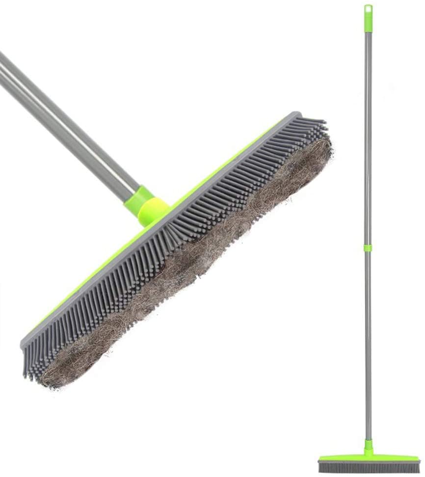 Push Broom Long Handle Rubber Bristles Sweeper Squeegee Edge 54 Inches Non Scratch Bristle Broom For Pet Cat Dog Hair Carpet